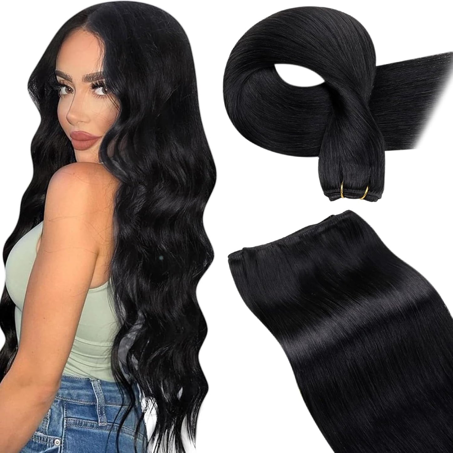 LaaVoo Weft Hair Extensions for Black Women - Jet Black 20 Inch