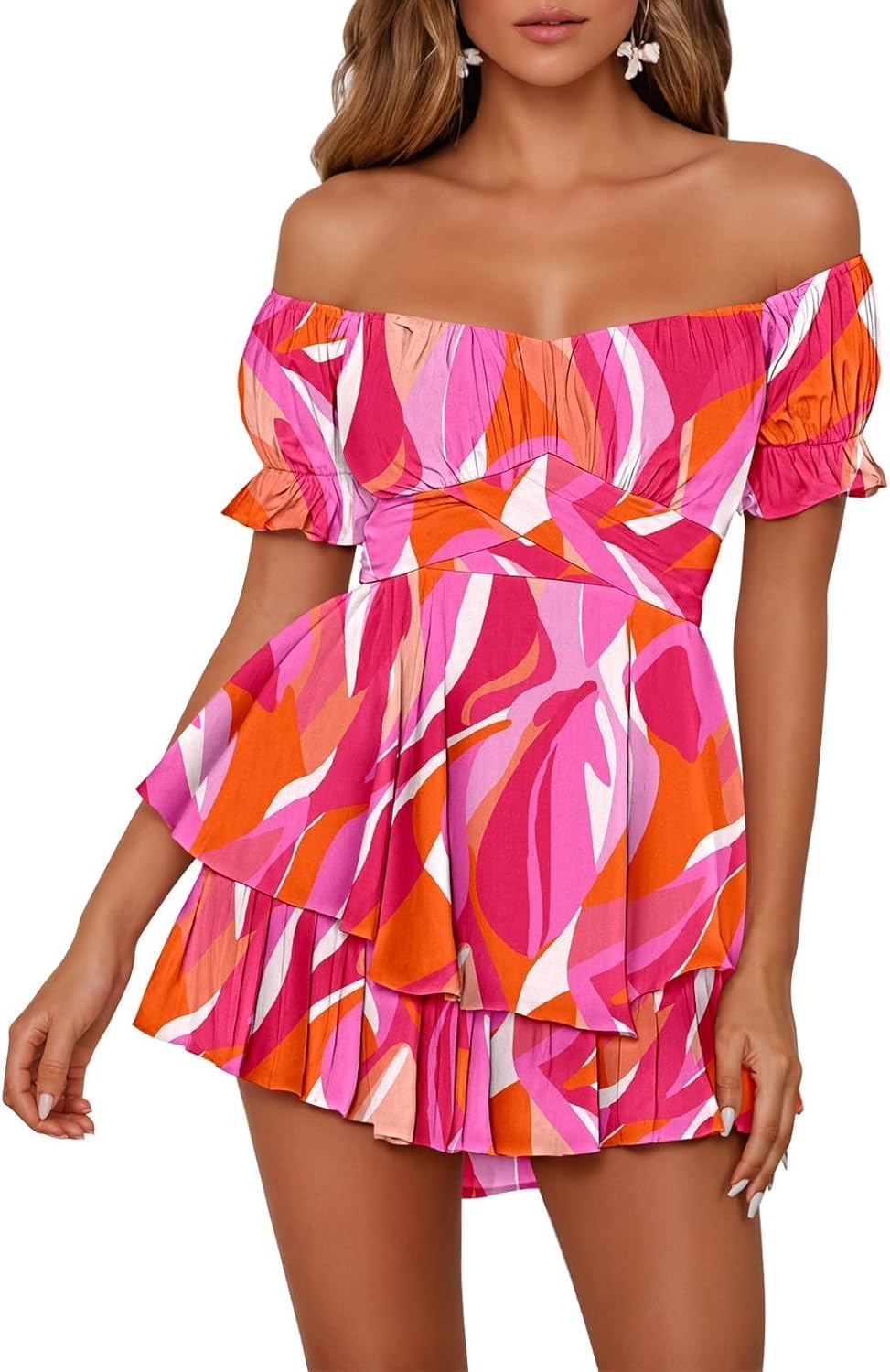 Fixmatti Women's Color Block Off Shoulder Ruffle Romper Jumpsuit