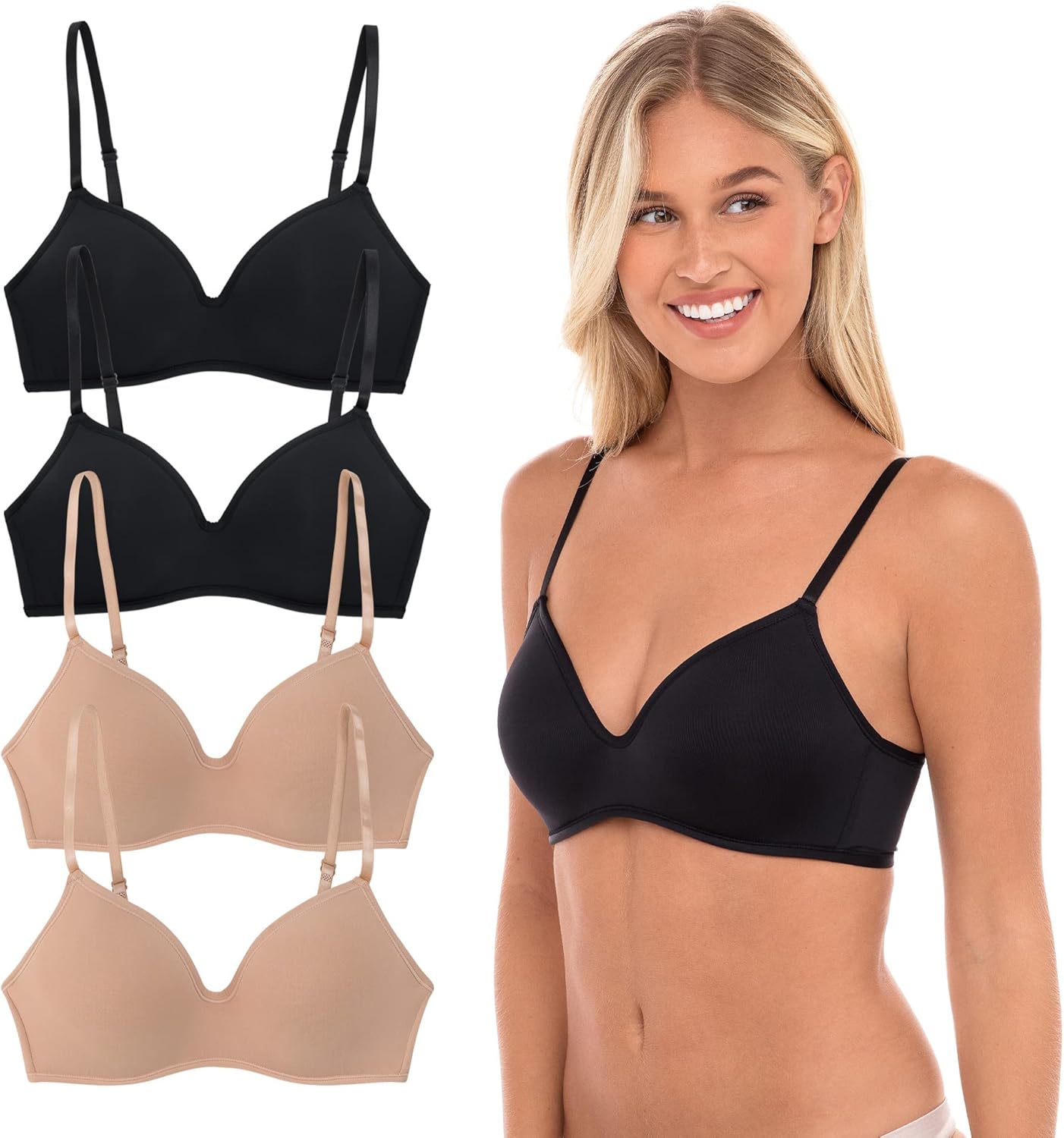 4 Pack Wirefree Bra - Soft Foam Wireless T Shirt Bra Set