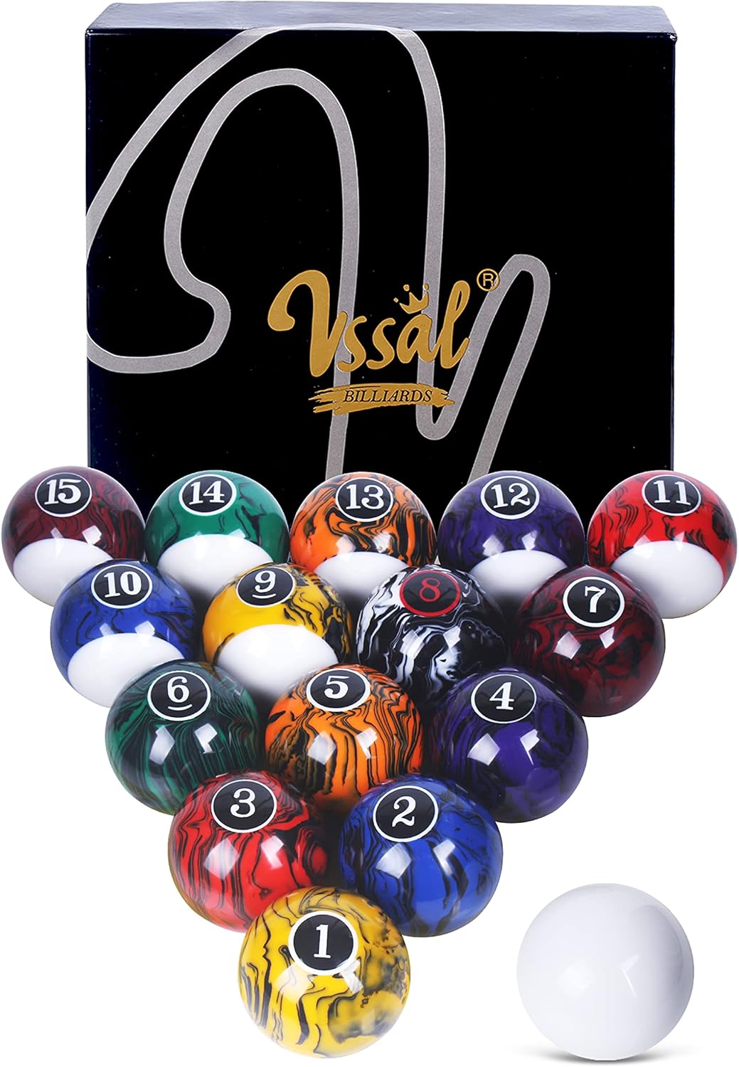Billiard Balls Set with Marble-Swirl Design for Pool Tables