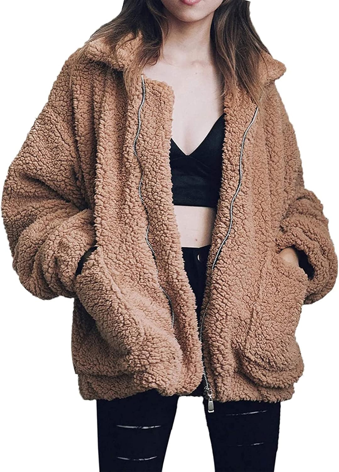 Comeon Women's Casual Fleece Shearling Zipper Coat for Winter