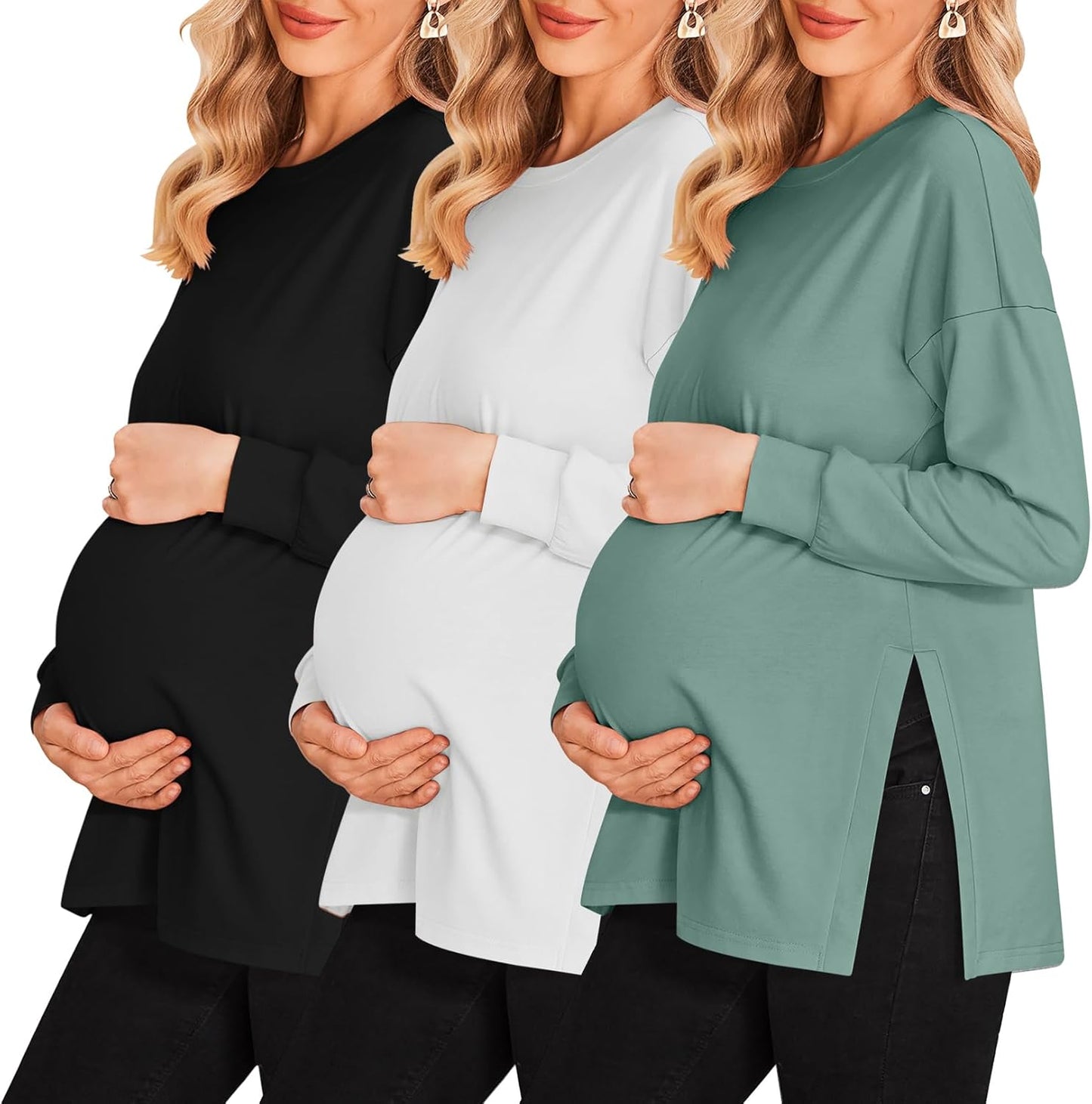 Ekouaer Maternity Shirts 3 Pack Long Sleeve Side Ruched Tops