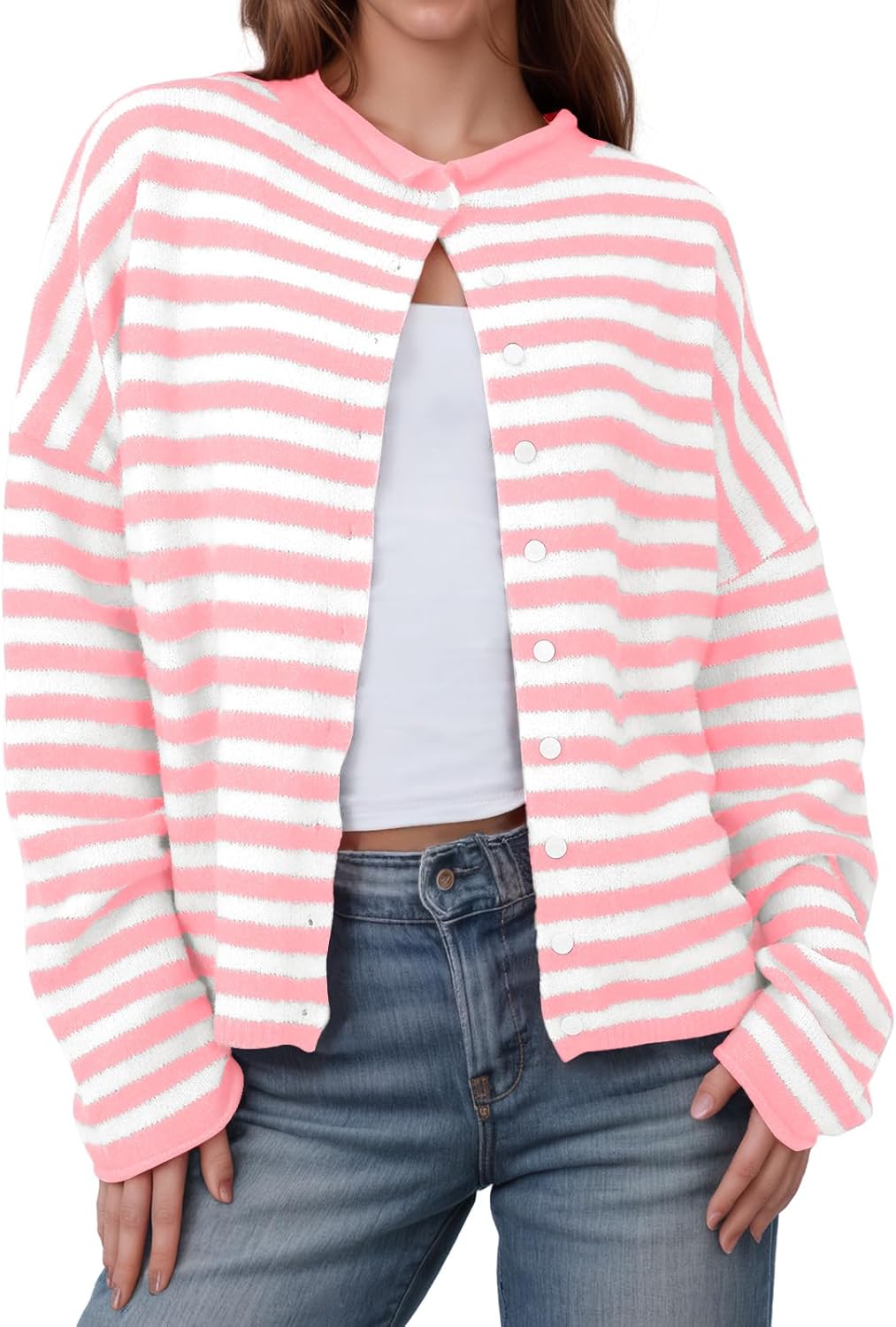 Saodimallsu Womens Striped Cardigan Lightweight Fall Sweater