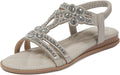 iCKER Women Rhinestone T-Strap Sandals - Elegant Flat Pearl Crystals