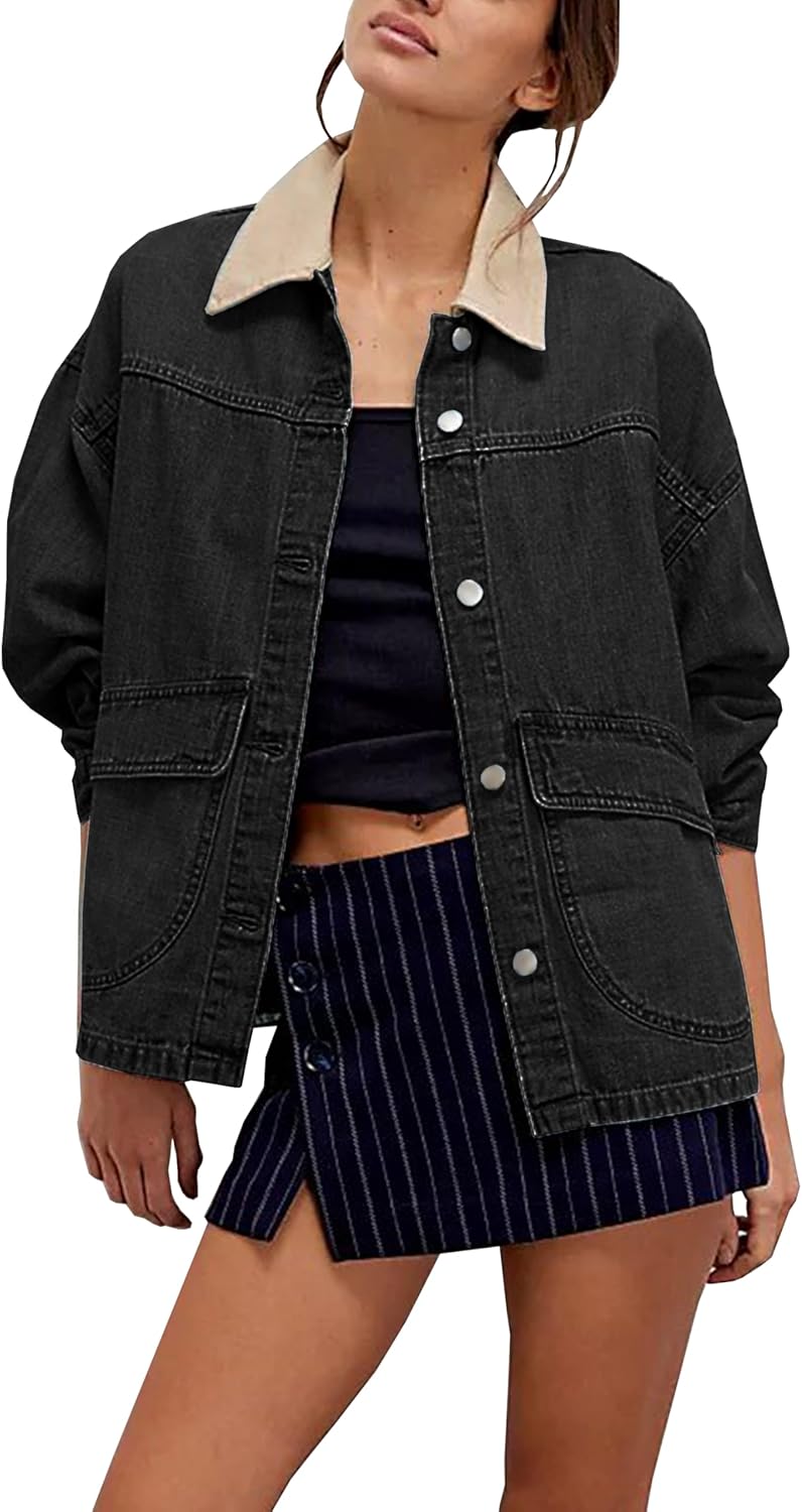 Oversized Denim Jacket for Women with Contrast Trim and Pockets