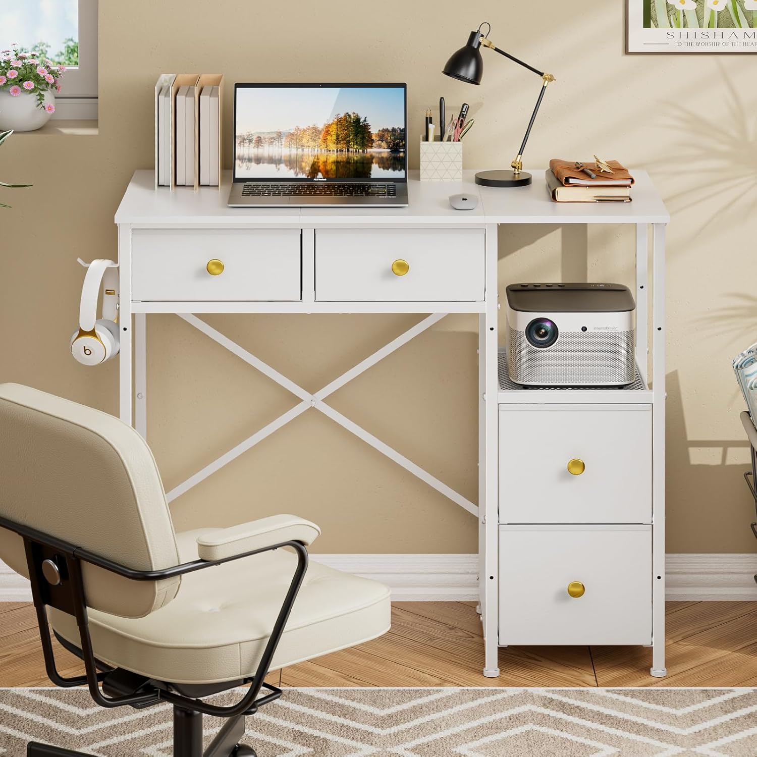 Small Computer Desk with 4 Fabric Drawers for Home Office