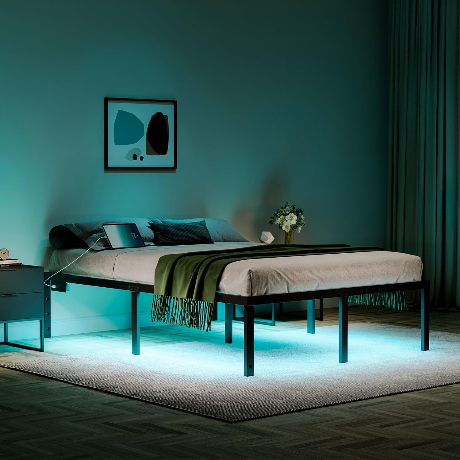 Queen Size Bed Frame with LED Lights and Charging Station