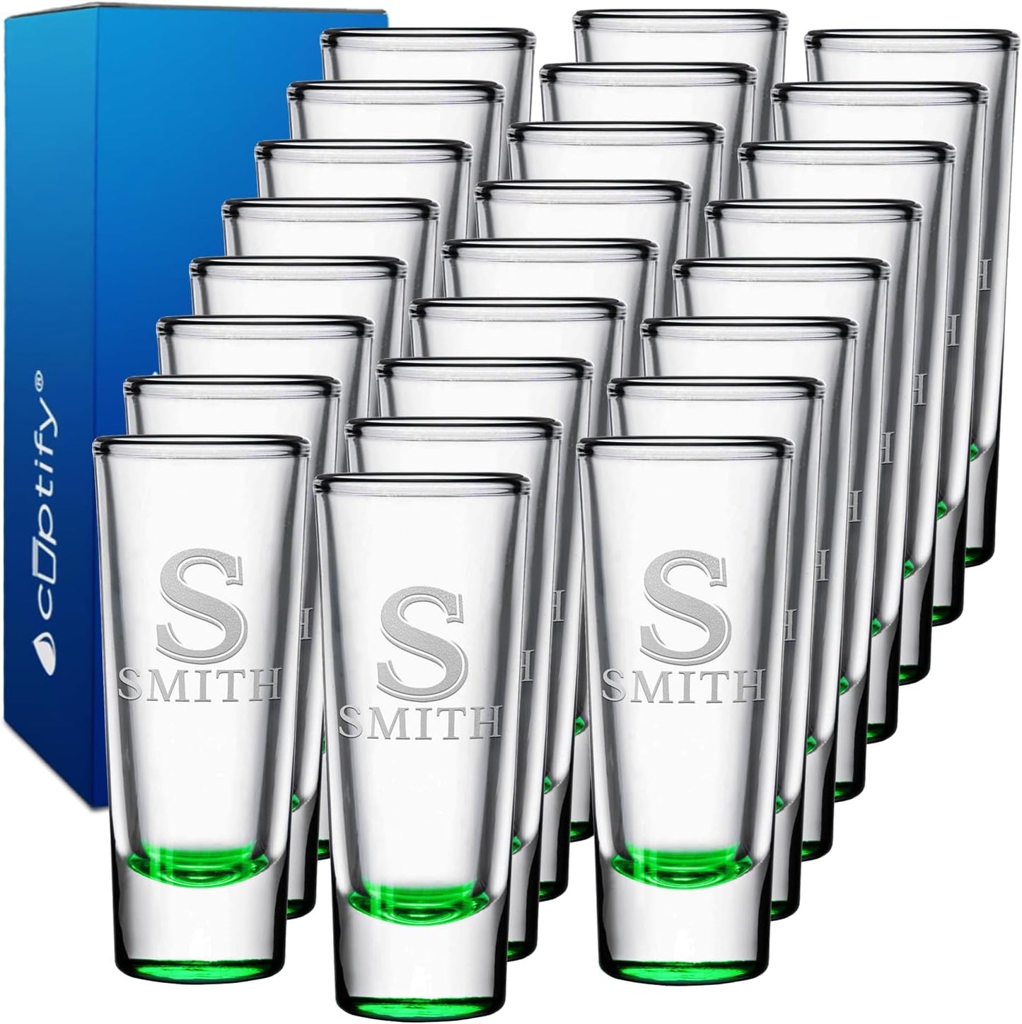 Personalized Shot Glasses Set of 25 with Elegant Green Bottom