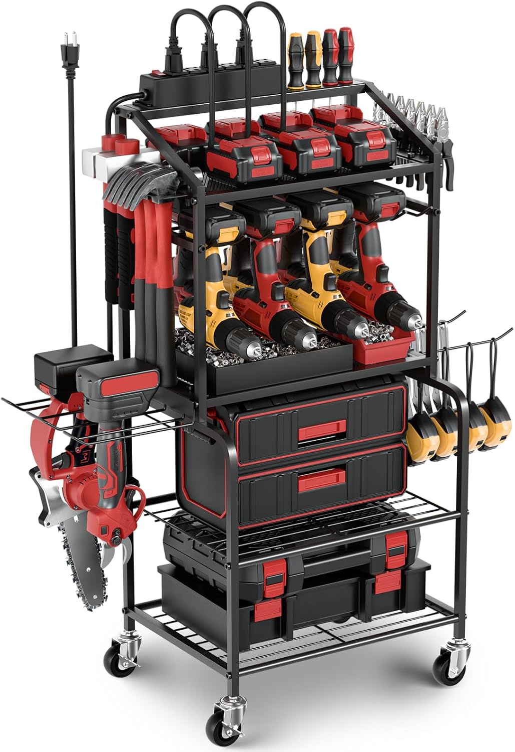 Garage Power Tool Organizer Cart with Charging Station - FULOOPHI