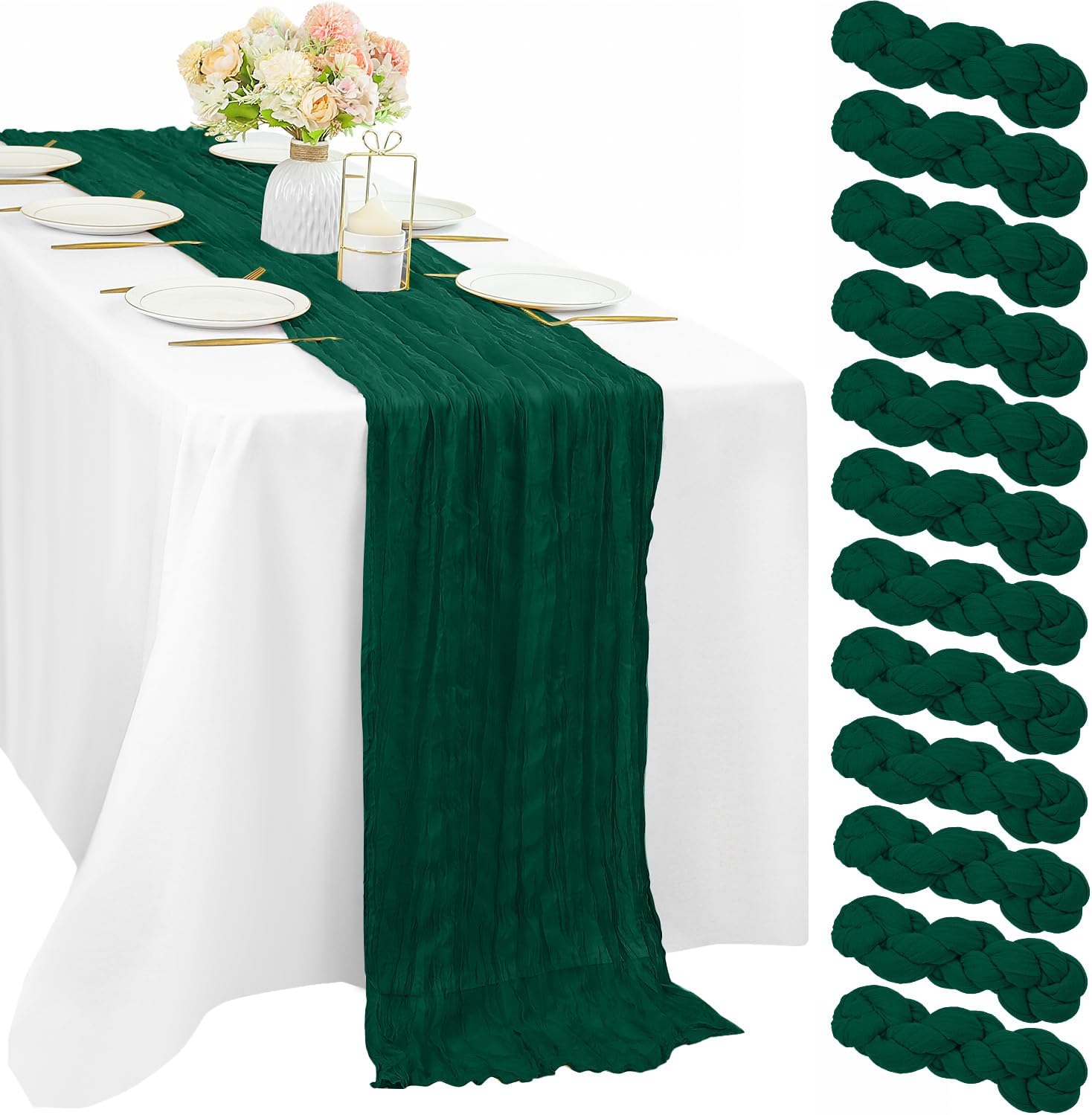12 Pcs 10FT Emerald Green Cheesecloth Table Runner for Events