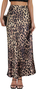 Women's Leopard Print Satin Maxi Skirt High Waisted (Style 92K3)