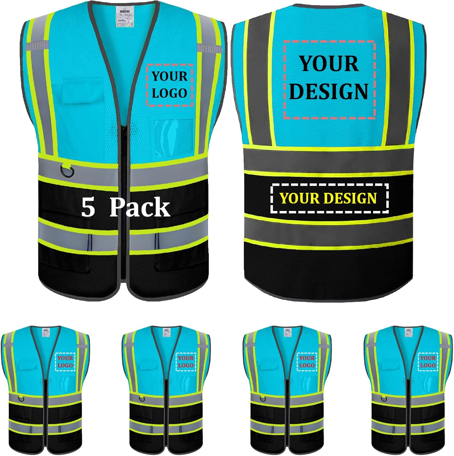 Custom Safety Vest with Logo High Visibility Reflective Pockets