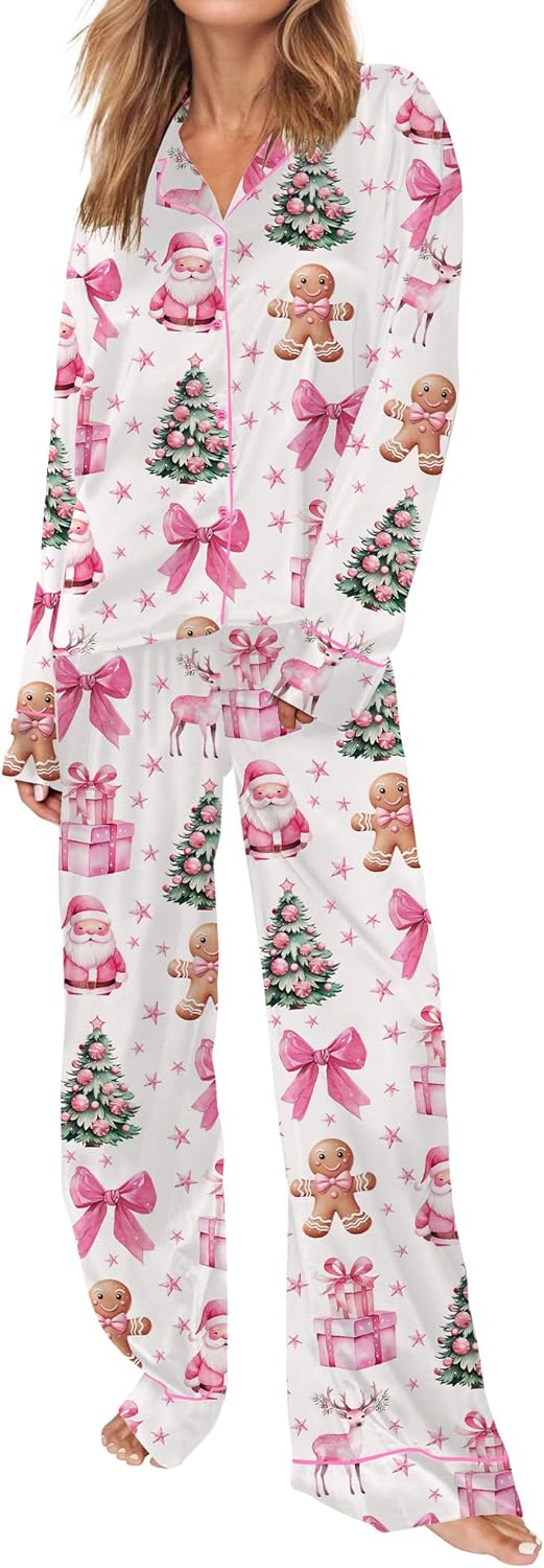Satin Pajamas Set for Women Long Sleeve Button Down Pjs