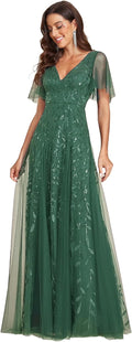 Sequin Sparkly V-Neck A-Line Evening Dress - Flowy Tulle Elegance