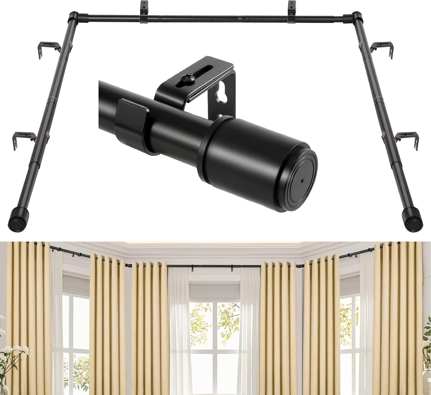 Adjustable Bay Window Curtain Rod Set - Flexible Design for Perfect Fit