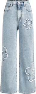Girls High Rise Bowknot Print Washed Denim Pants - Straight Leg