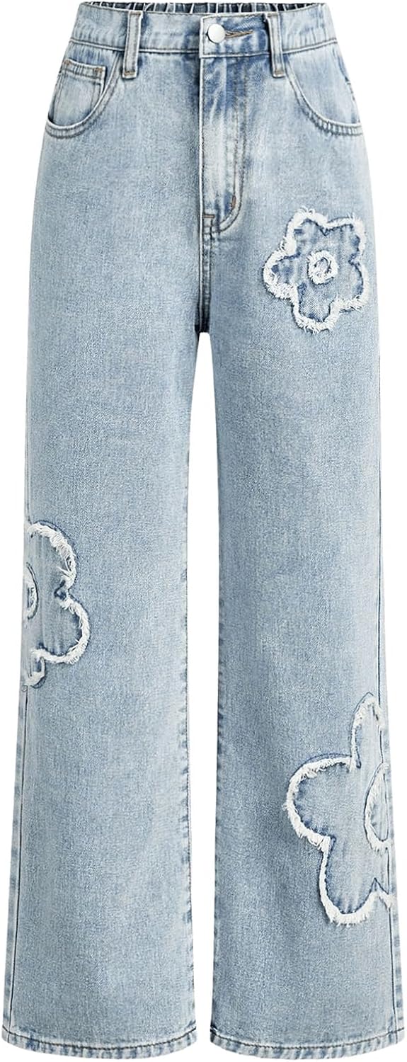WDIRARA Girl's Bowknot Print Washed Jean Elastic Waist Trousers
