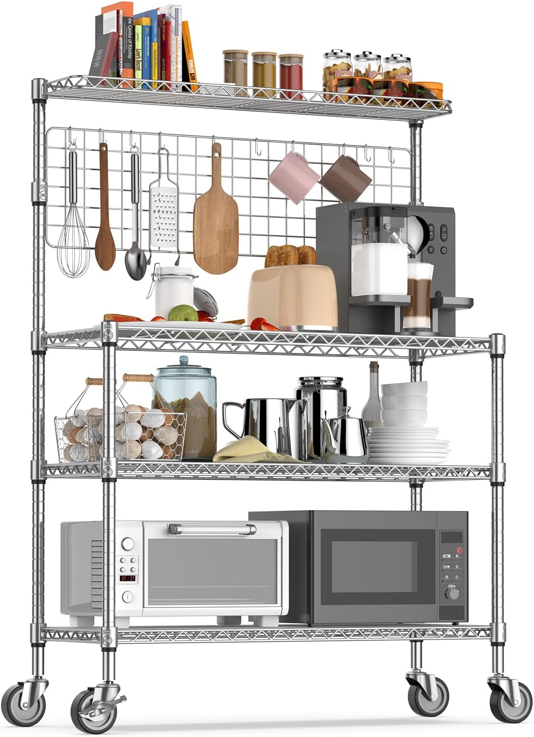 Leteuke 4-Tier Kitchen Rack with Wheels & S-Hooks