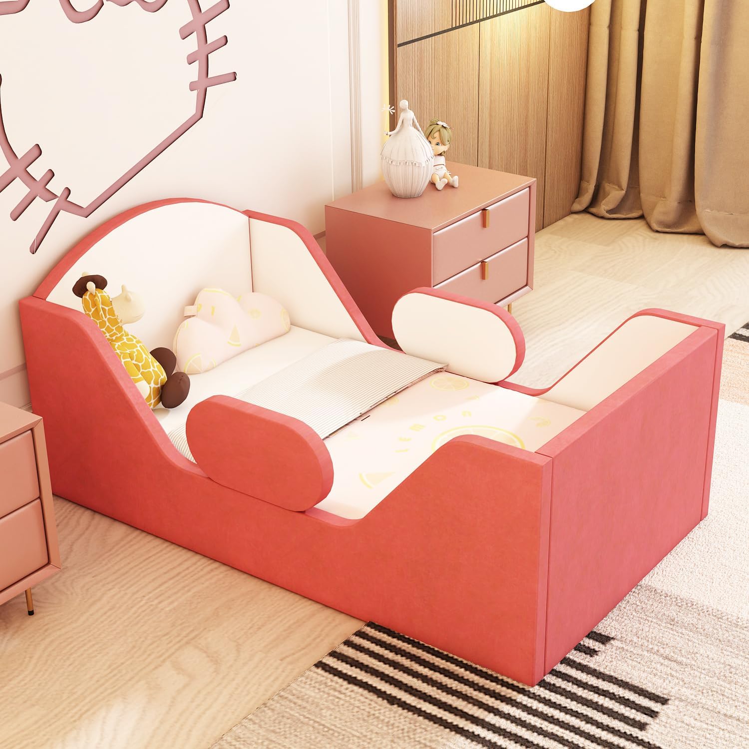 Toddler Bed Round with Rail and Upholstered Design for Kids