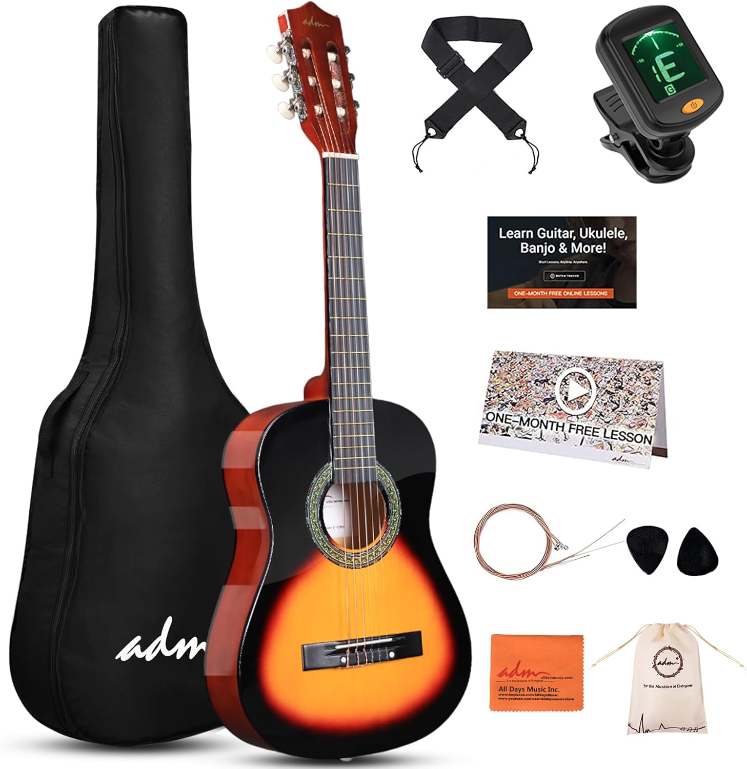 ADM Beginner Acoustic Classical Guitar Bundle for Kids and Students