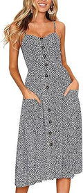 Halife Women's Summer Spaghetti Strap Floral Button Down Midi Dress