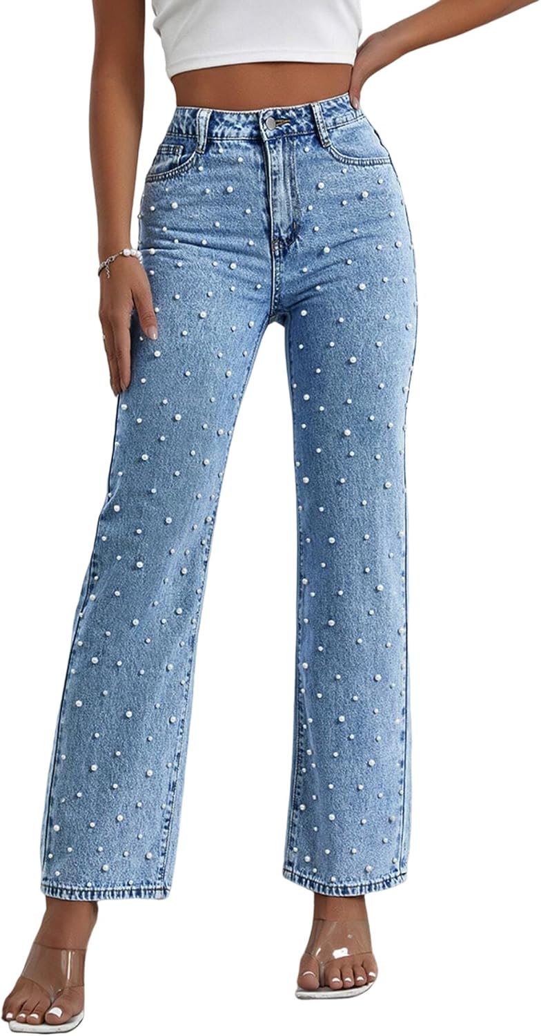 Kedera Women's High Waisted Jeans with Rhinestone & Pearl Details