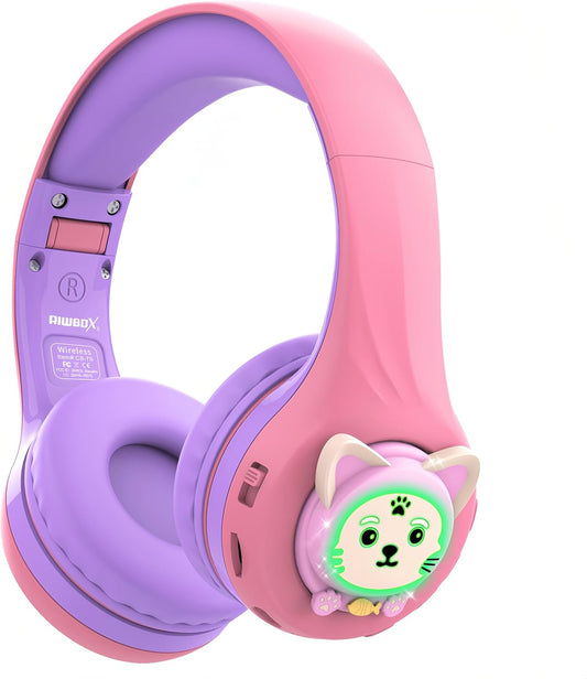 Riwbox Kids Wireless Headphones - Safe Volume, LED Lights, 50H Playtime