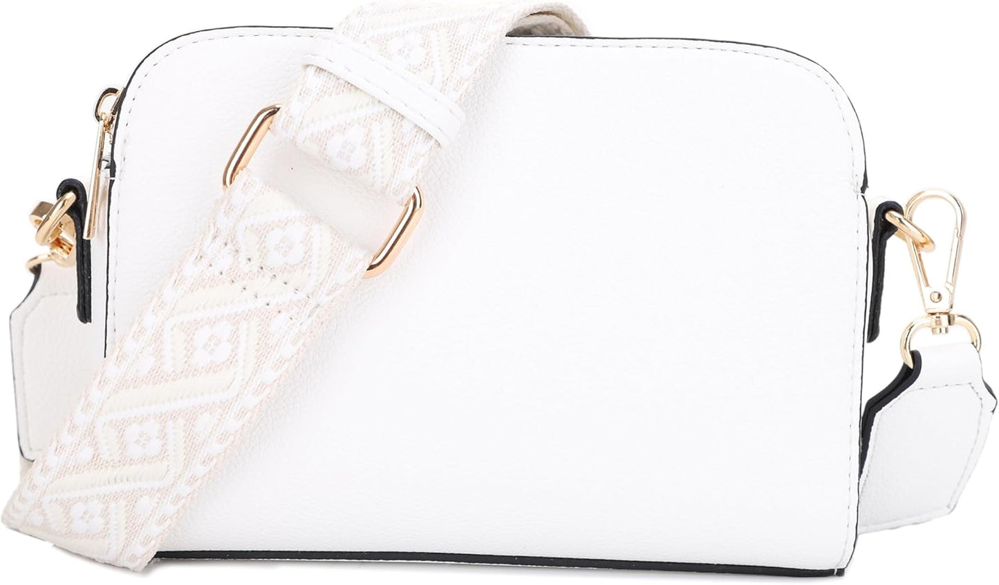 Trendy Triple Zip Small Crossbody Bag with Wide Guitar Strap