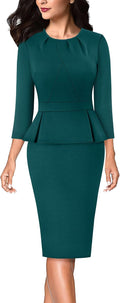 Womens Pleated Crew Neck Peplum Work Pencil Sheath Dress VFSHOW