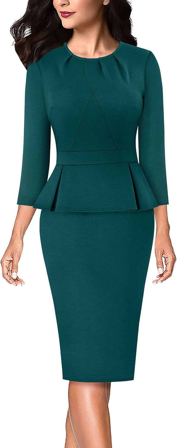 VFSHOW Womens Pleated Crew Neck Peplum Dress for Office Style