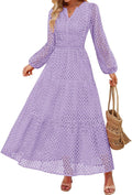 Womens 2025 Fall Long Sleeve Maxi Dress V Neck Eyelet - Flowy A Line