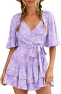 Womens Summer Short Flared Sleeve Romper V Neck Floral Print