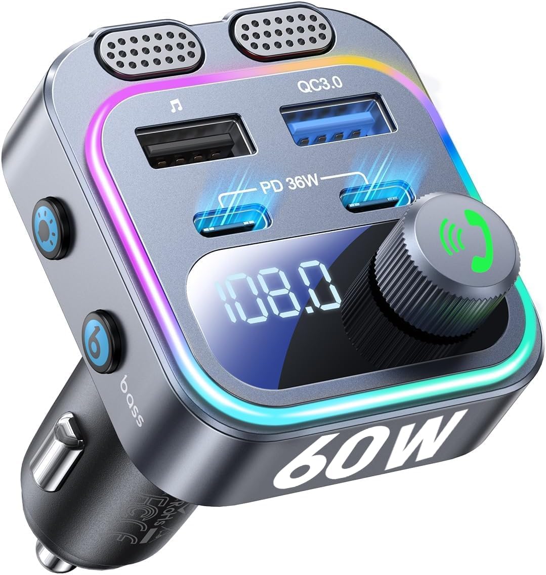 60W Dual Mic Bluetooth FM Transmitter - Fast Charging Handsfree Car Adapter
