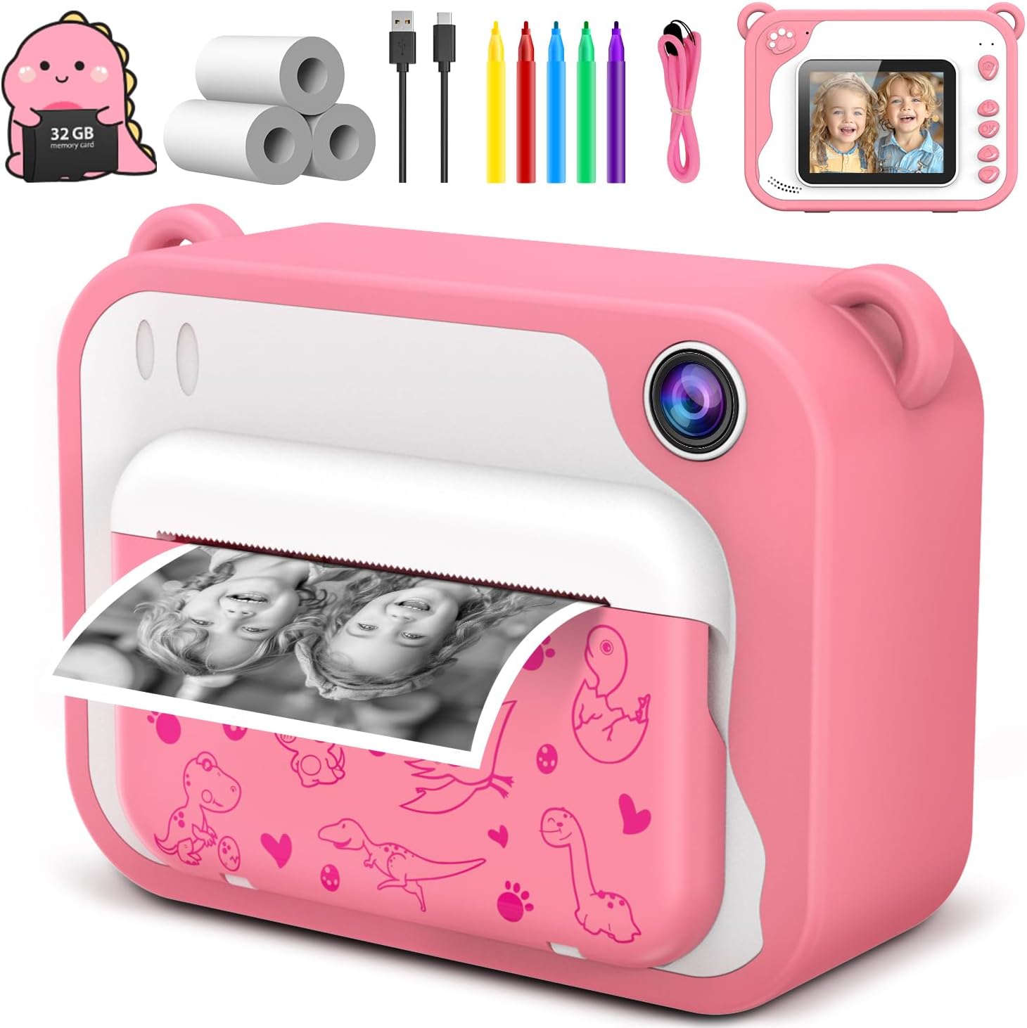 Ink-Free Instant Print Dino Cam for Kids 3-12: Fun Christmas/Birthday Gift!