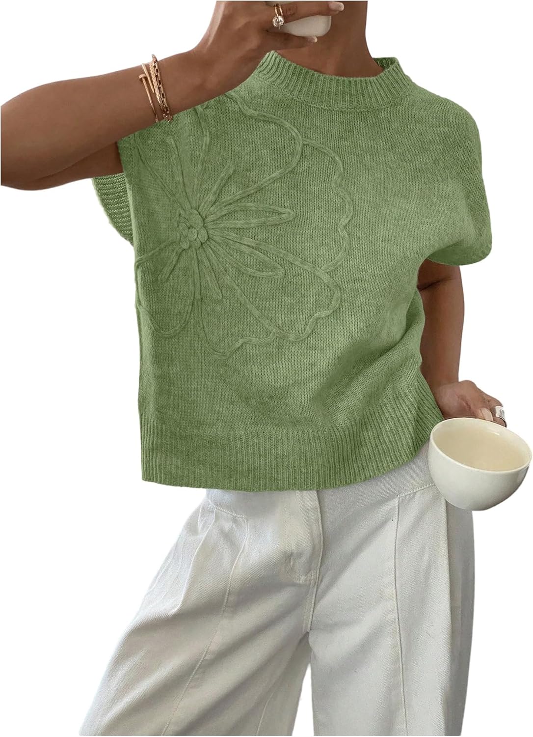 SOLY HUX Women's Ribbed Sweater with Floral Knit Design