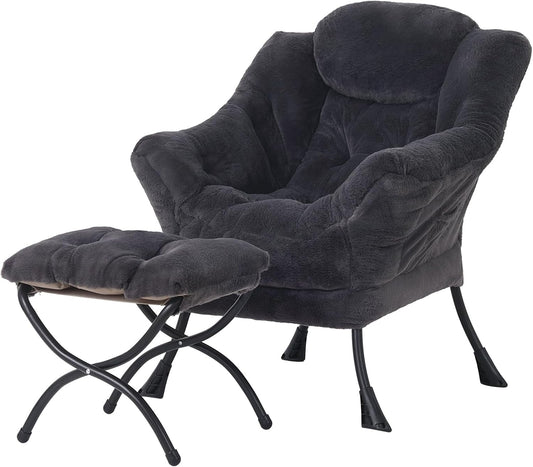 Welnow Lazy Chair with Ottoman for Small Spaces, Plush Navy