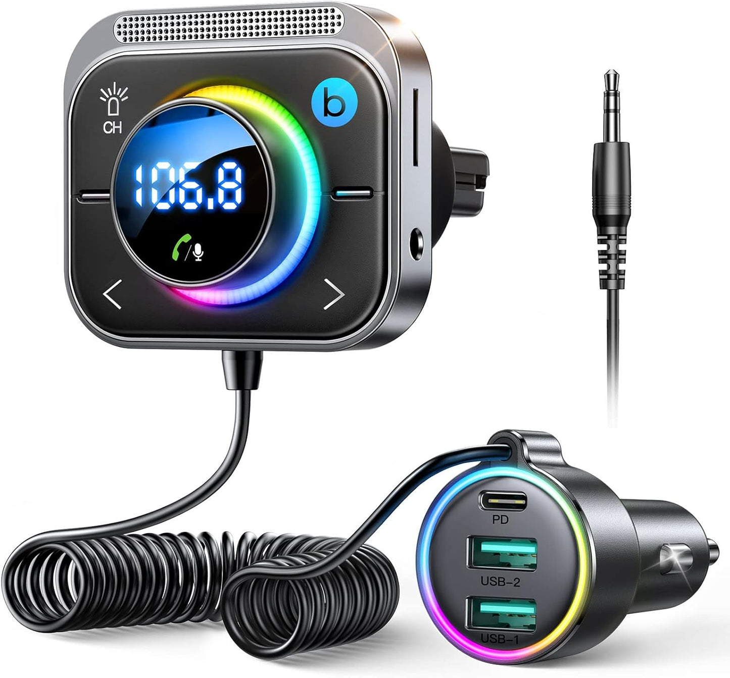 JOYROOM 66W Bluetooth Car Adapter: HiFi Bass, Fast Charging & Colorful LED