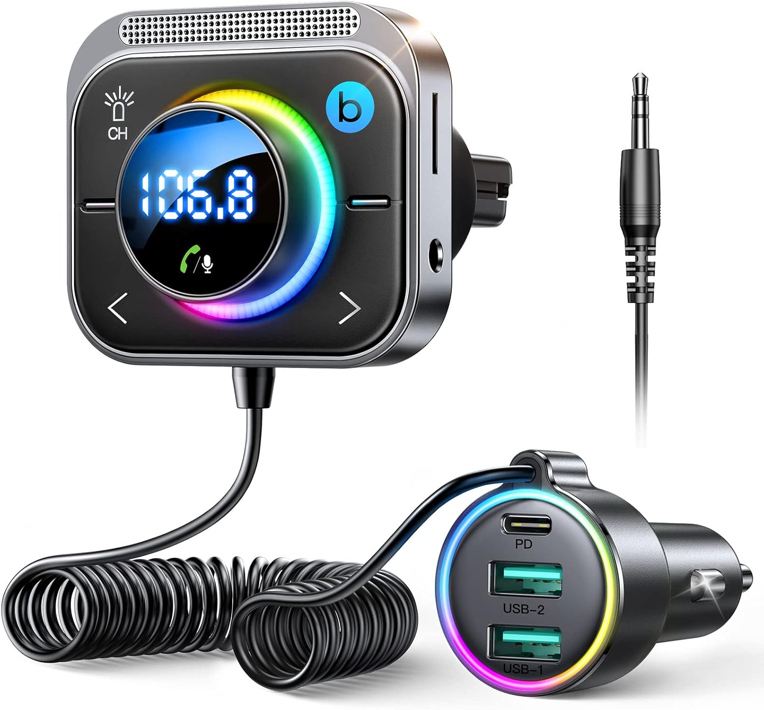 JOYROOM 66W Bluetooth Car Adapter: HiFi Bass, Fast Charging & Colorful LED