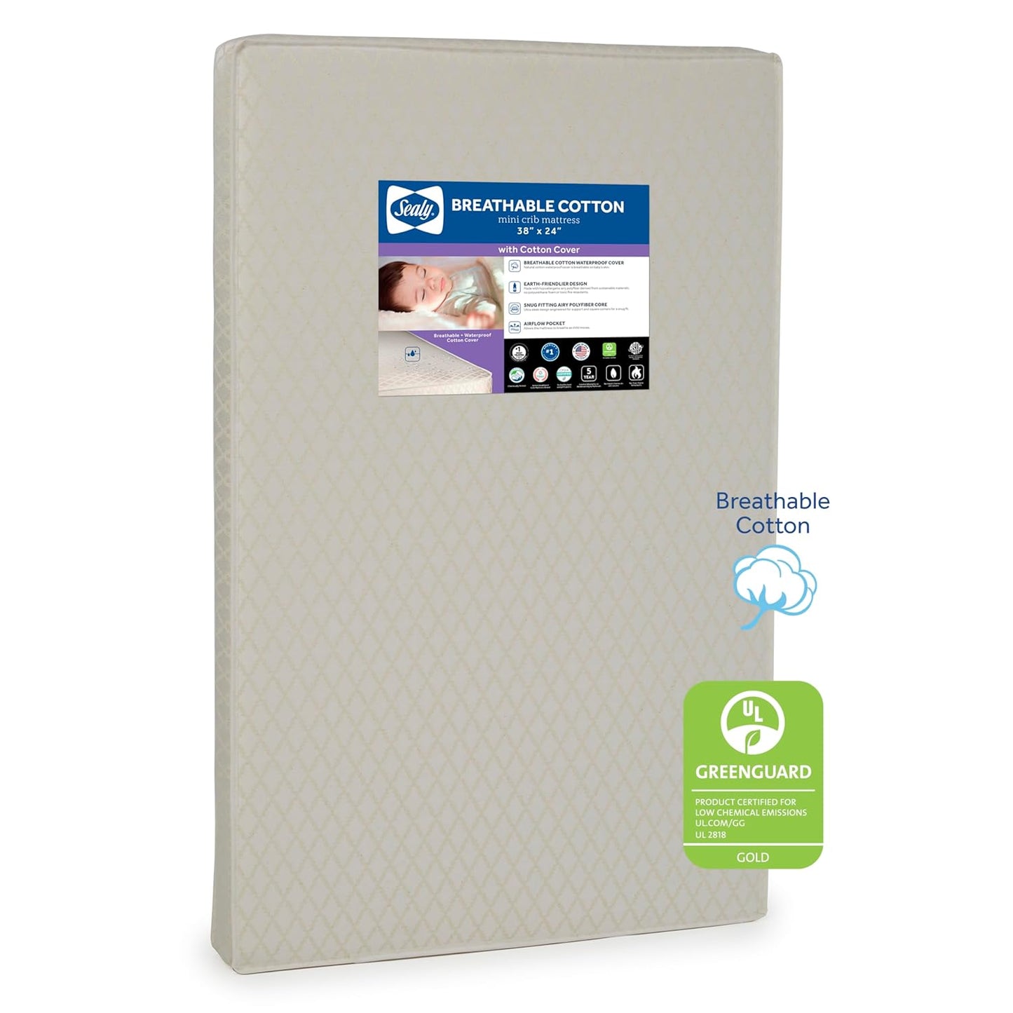 Sealy Baby Breathable Waterproof Cotton Mini Crib Mattress