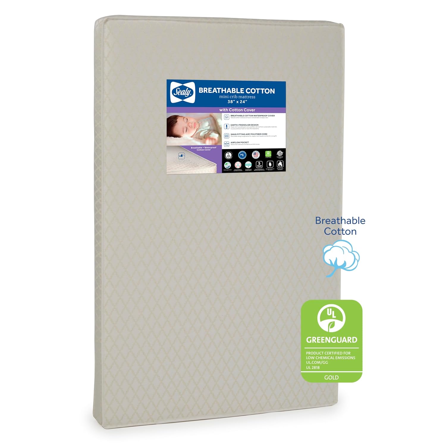 Sealy Baby Breathable Waterproof Cotton Mini Crib Mattress