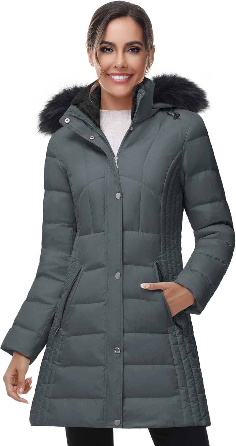Warm Hooded Mid-Length Down Puffer Coat for Women with Fur Trim
