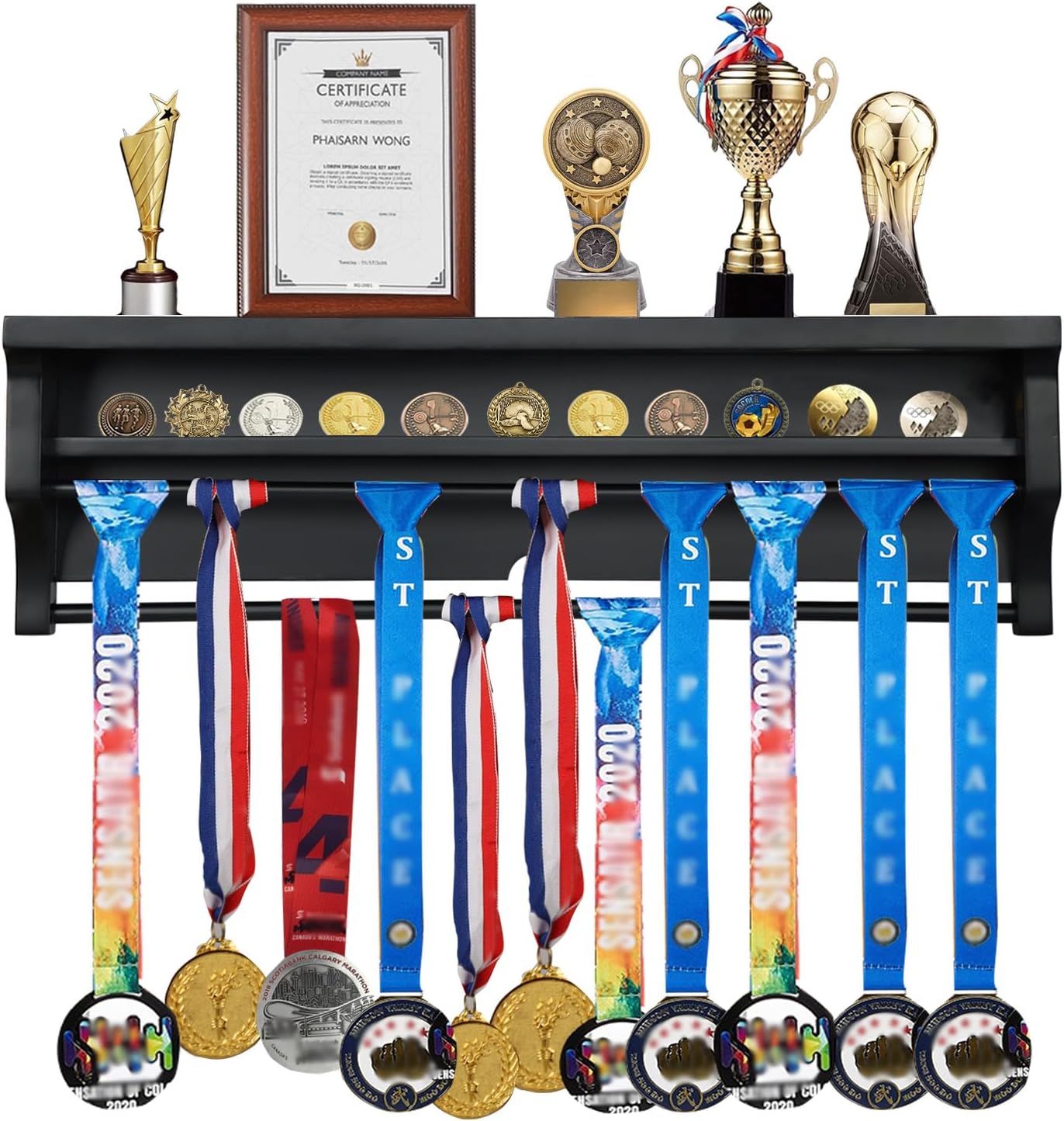 Solid Wood Medal Hanger Display Shelf for Runners and Athletes