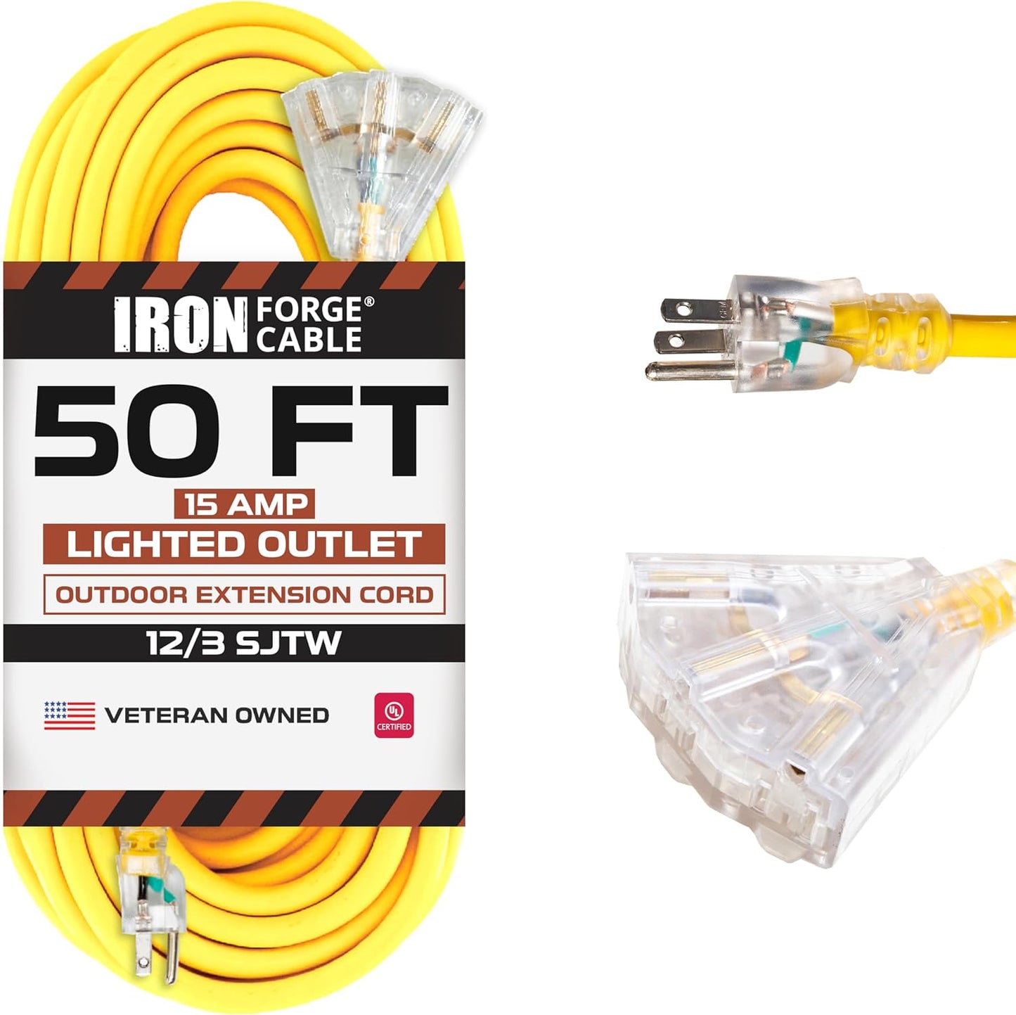 50 Foot Lighted Outdoor Extension Cord with 3 Outlets for Safety