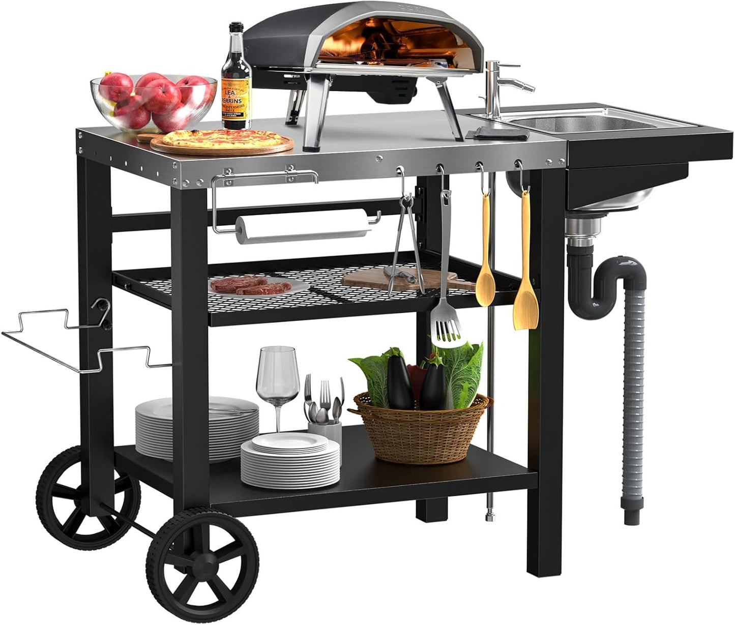 Outdoor Grill Table with Sink and Wheels for Cooking Station