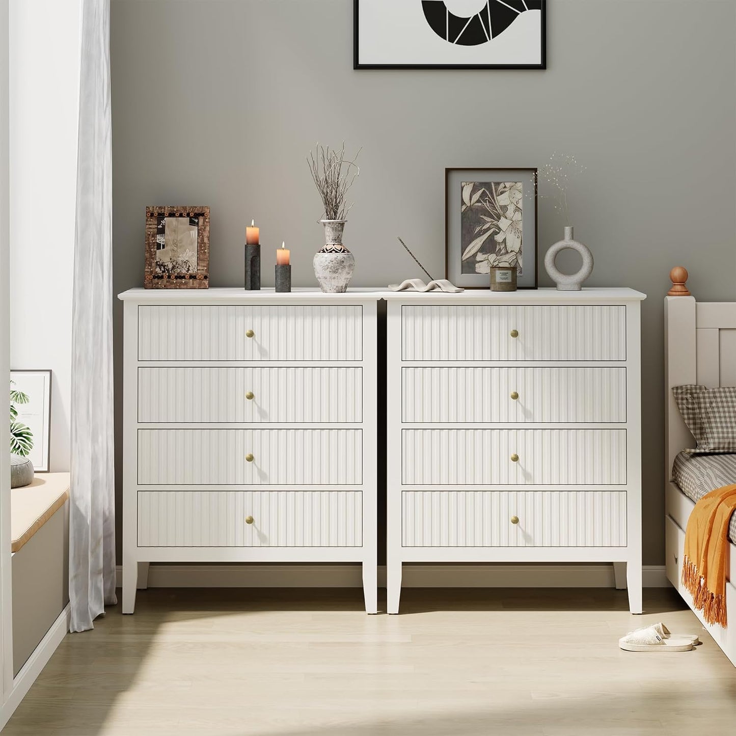 White Fluted 4 Drawer Dresser Set of 2 for Modern Storage