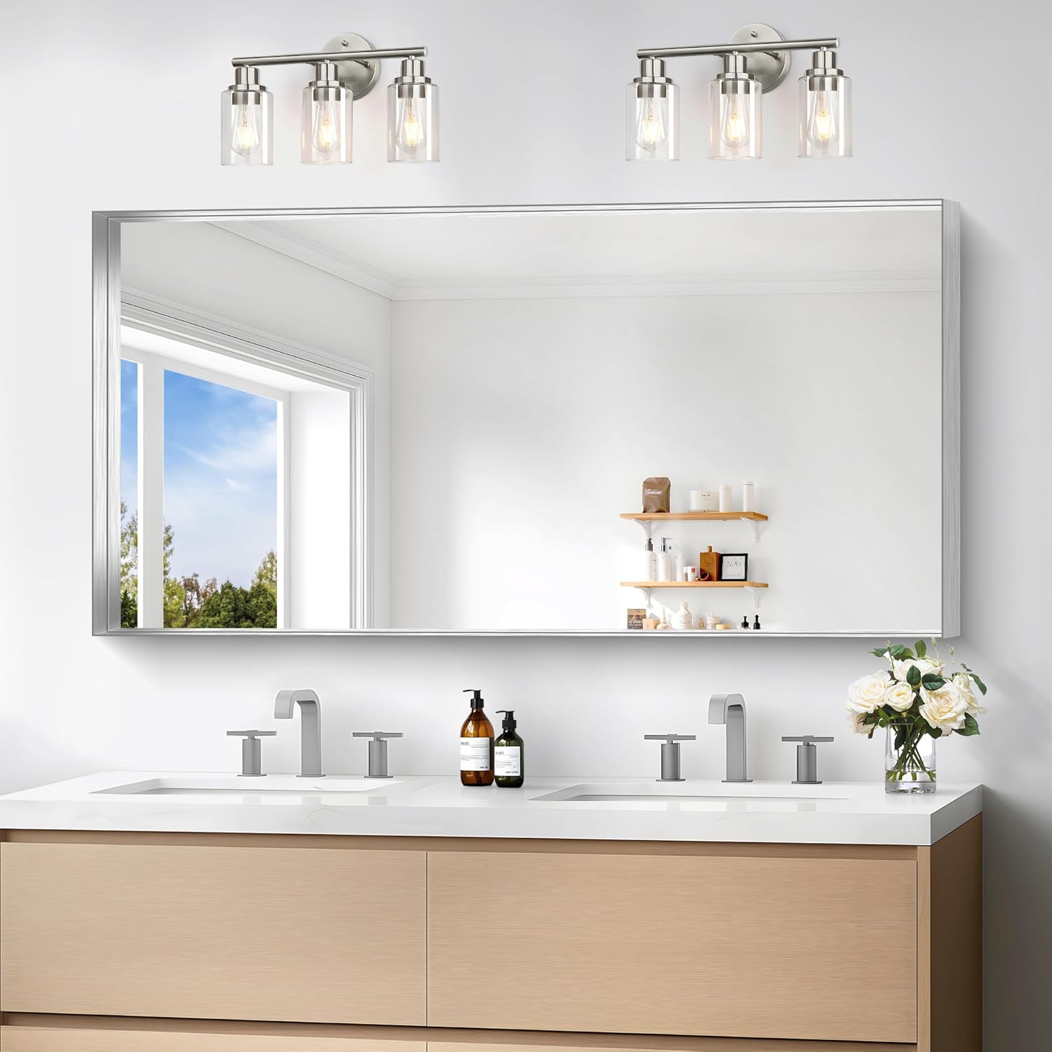 Silver Bathroom Mirror 24x48 Inch Rectangular Framed Design