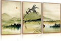 Zen Landscape Framed Canvas Wall Art Set - Calming Green Ink Wash