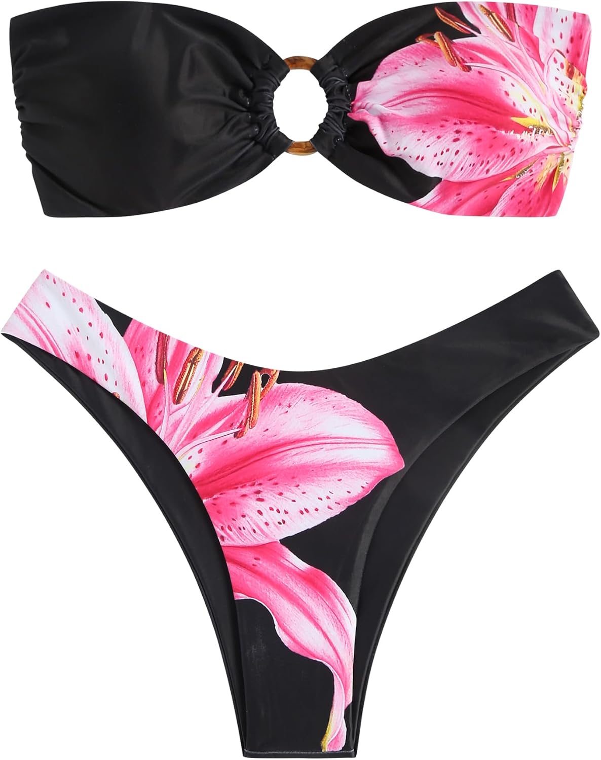ZAFUL Women's Bandeau Bikini O Ring Strapless High Cut Swimsuit