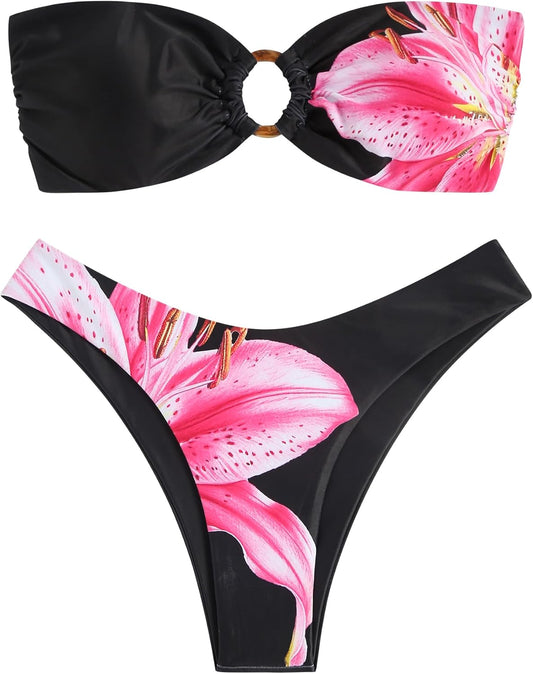 ZAFUL Women's Bandeau Bikini O Ring Strapless High Cut Swimsuit