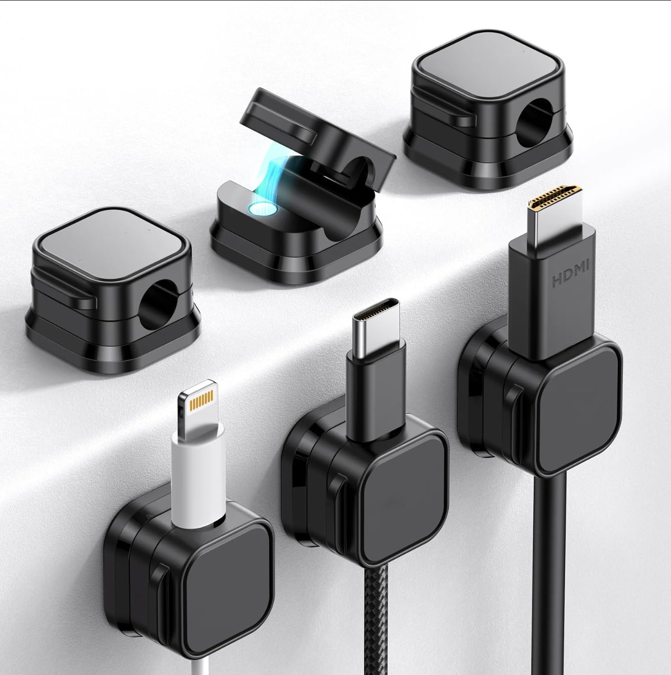 Black Magnetic Cord Holder 6 Pack - Desk Cable Organizer